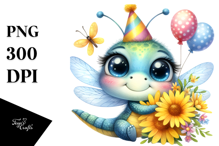 Cute Baby Dragonfly with Party Hat PNG