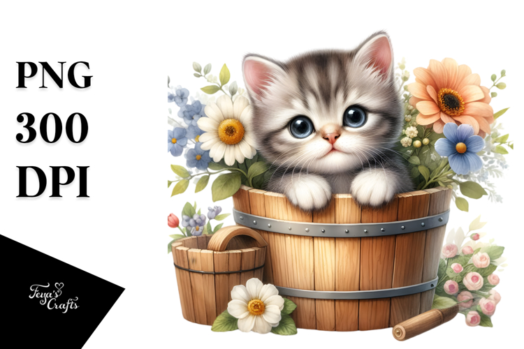 Cute Baby Cat in Wood Bucket PNG