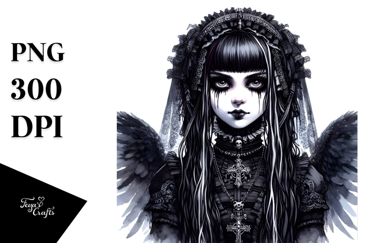 Detailed Watercolor Gothic Girl, PNG