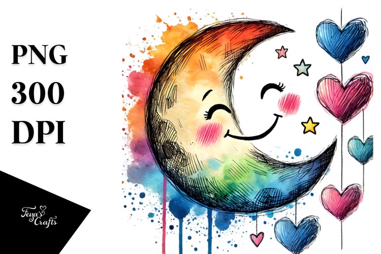 Smiling Scribbled Moon with Hearts Watercolor PNG example image 1