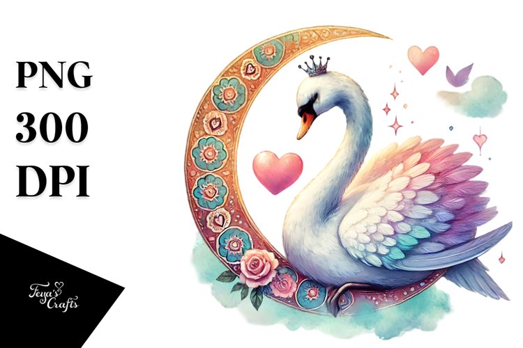 Colorful Swan Sitting on a Half Moon PNG