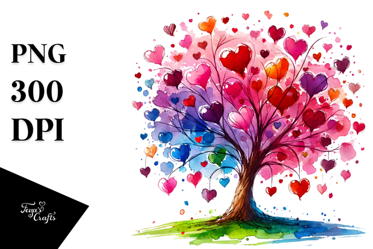 colorful Watercolor with Hearts and Tree PNG