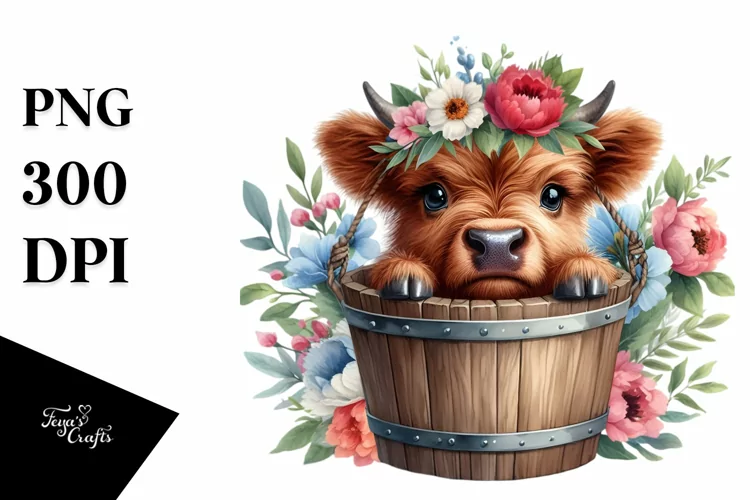 Cute Baby Highland Cow, Watercolor PNG
