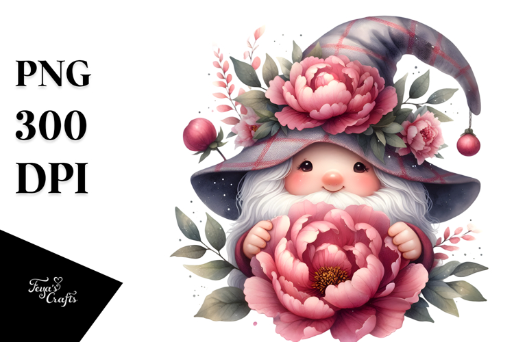 Cute Gnome with Peonies Floral Ornament PNG