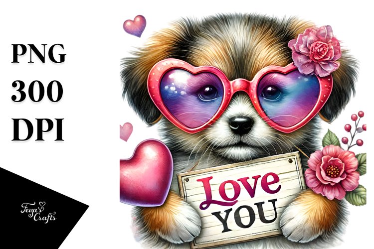 Detailed Puppy with Heart Sunglasses PNG