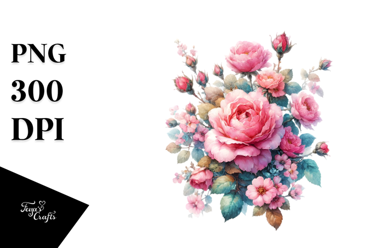 Vibrant Pink Roses Washed Watercolor | Sublimation | Clipart