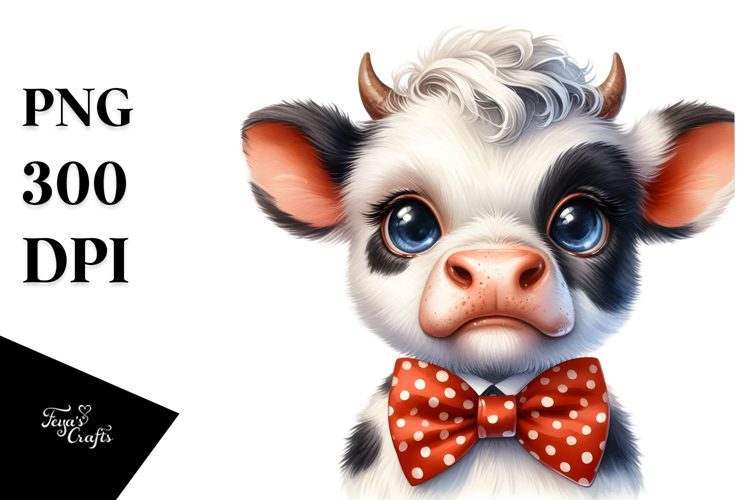 Funny Baby Cow with Bow Tie, Watercolor PNG