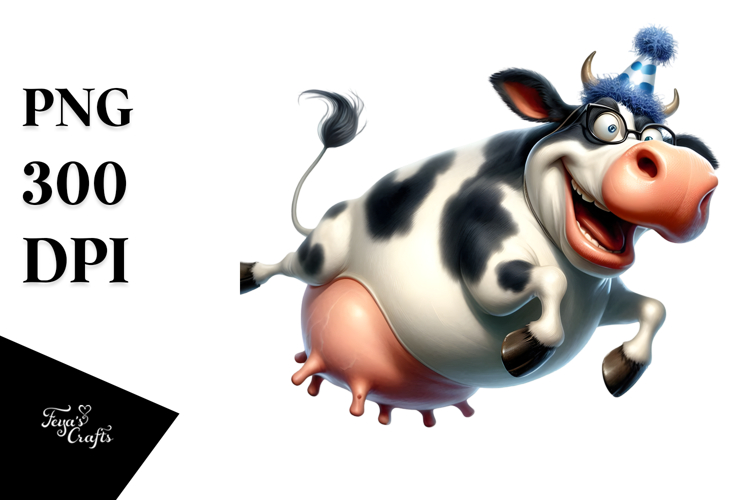 Goofy Holstein Cow with Party Hat PNG
