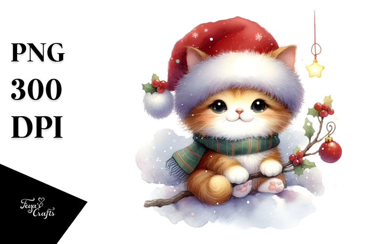 Vibrant Cat with Santa Hat, High-Res PNG