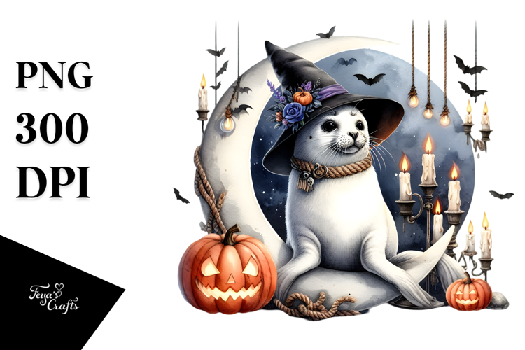 Seal Dressed for Halloween on Half Moon PNG