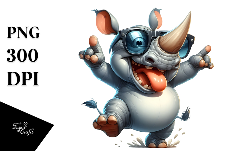 Watercolor Rhino with Oversized Sunglasses PNG