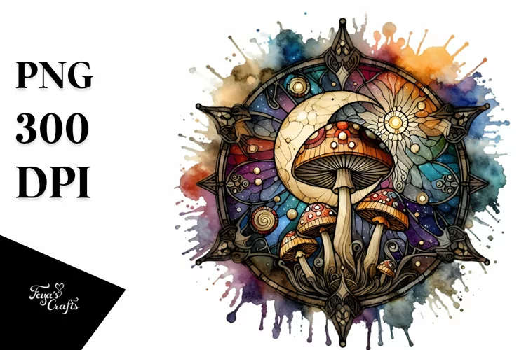 Wooden Stained Mystical Celestial Mushroom Watercolor