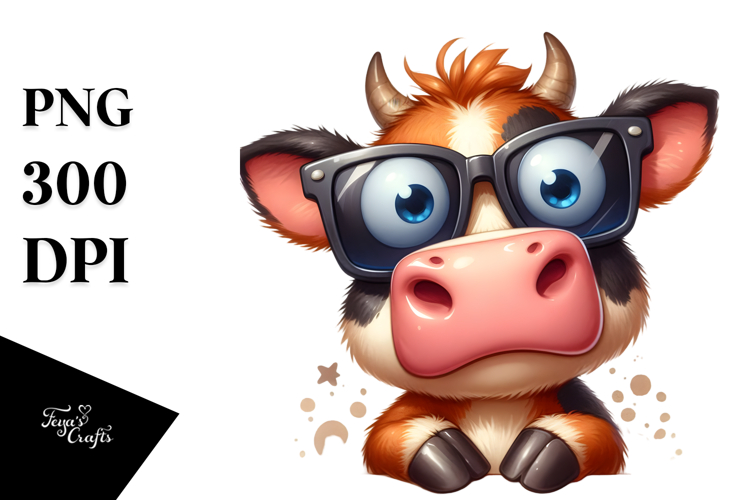 Playful Cartoon Cow with Oversized Sunglasses PNG