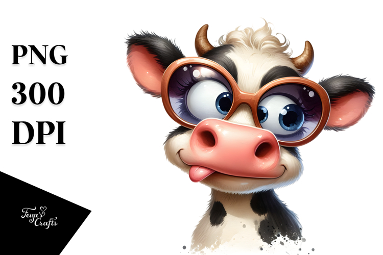 Playful Cartoon Cow with Oversized Sunglasses PNG