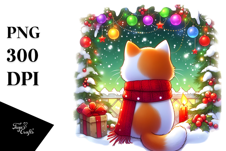 Cute Watercolor Cat with Vibrant Christmass Decorations PNG