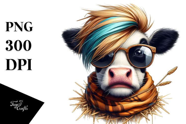 Funny Cow with Cool Hair Watercolor