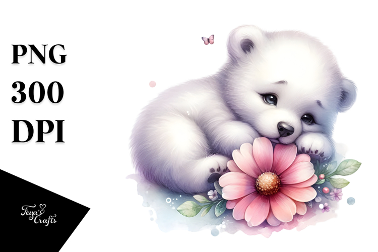 Digital Watercolor Cute Baby Polar Bear PNG