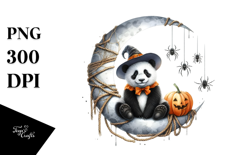 Panda Dressed for Halloween on Half Moon PNG