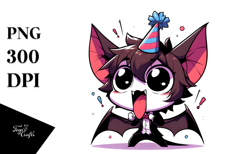 Whimsical Bat with Birthday Hat, High-Quality PNG