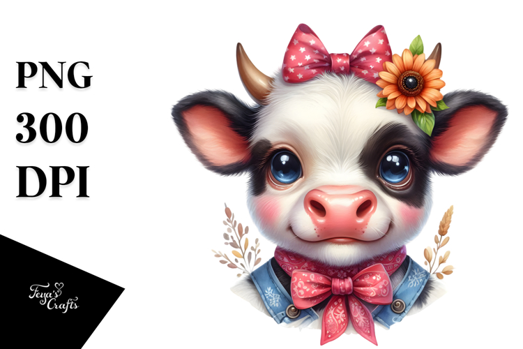 Happy Baby Cow with Bow and Flower PNG