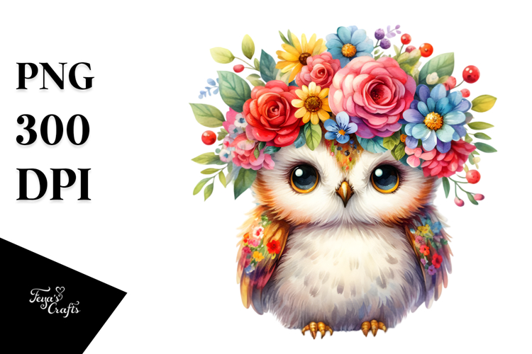 Owl Vibrant Flower Crown Cartoon-Style