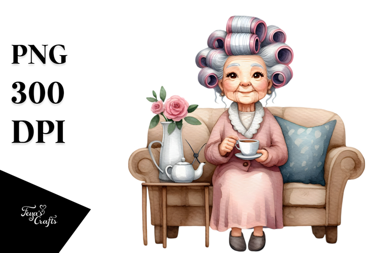 Old Lady Sitting on Couch with Hair Curlers | Clipart