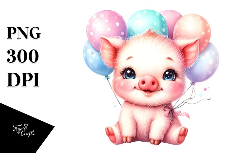 Smiling Baby Pig on Balloons | Sublimation | Clipart example image 1