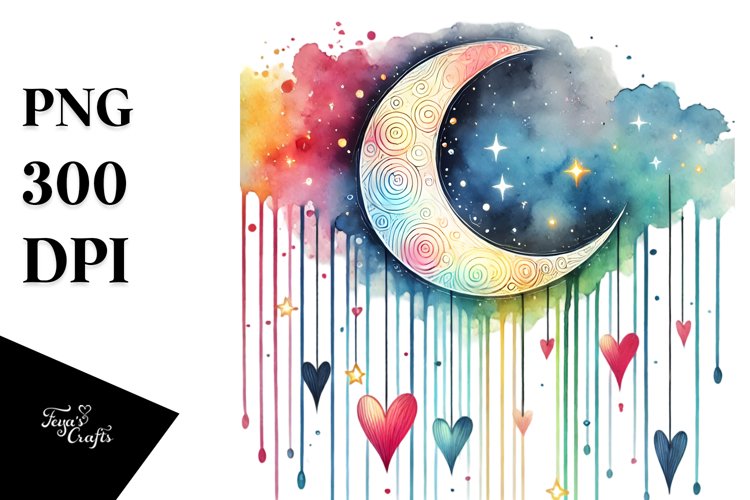 Colorful Moon with Hearts PNG