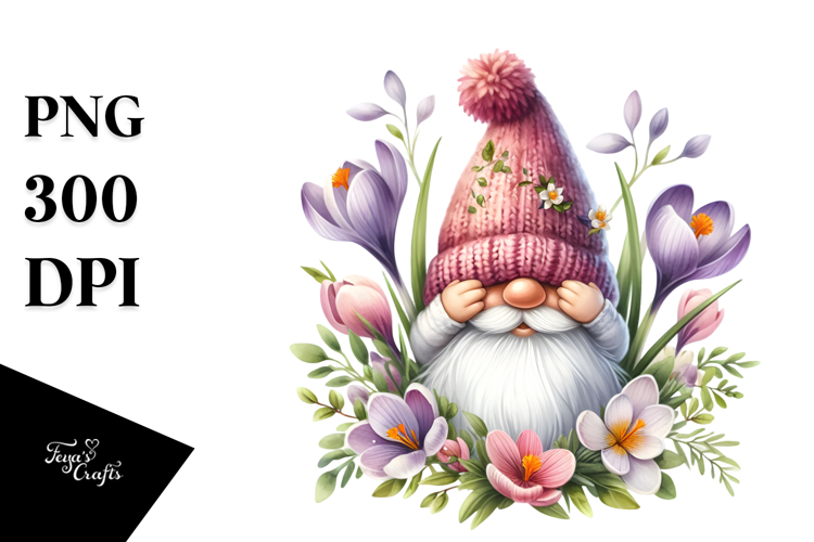 Watercolor Cute GNOME with Big Hat and Crocus PNG