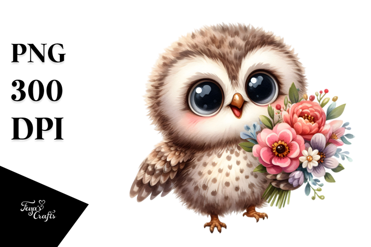 Excited Baby Owl with Flower Bouquet | Sublimation | Clipart