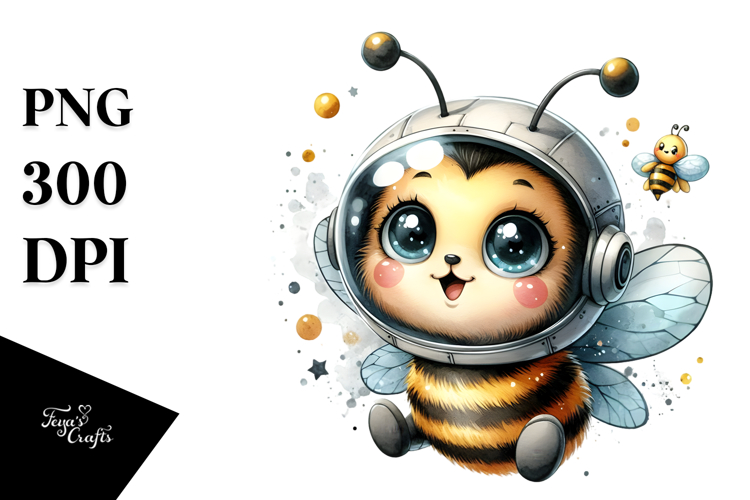 Cute Baby Bee with Astronaut Helmet Watercolor PNG