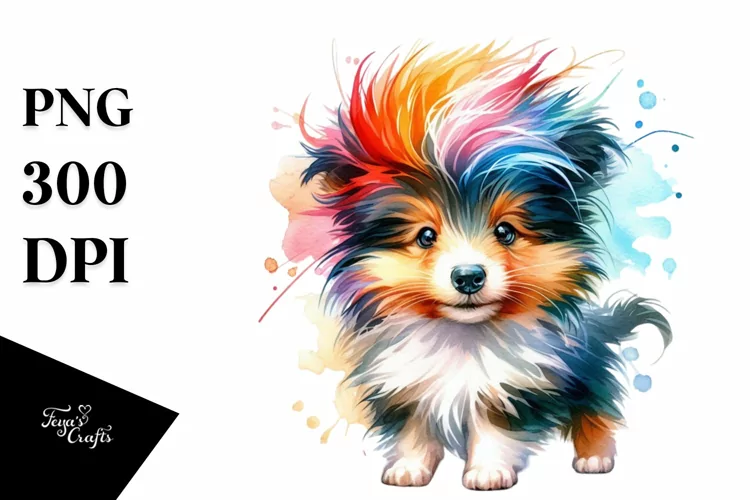 Expressive Collie Pup, Vibrant Watercolor PNG
