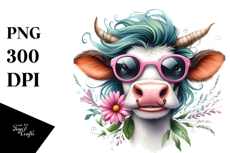 Watercolor Funny Cow Cool Hair PNG