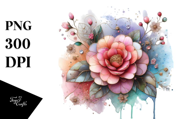 Camellia with Watercolor Splash, High-Res PNG