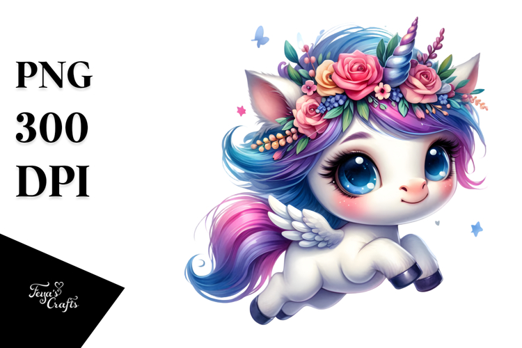 Cute Jumping Unicorn with Floral Wreath PNG