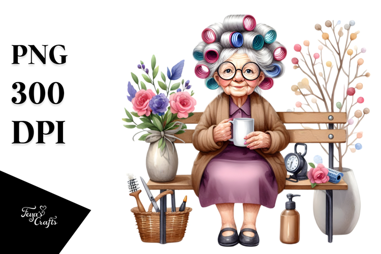 Watercolor Old Lady Sitting on Bench | Mug Sublimation