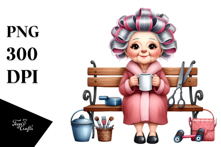 Old Lady Sitting on Bench with Hair Curlers | Sublimation