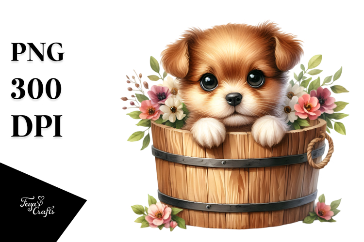 Watercolor Cute Baby Dog in Bucket PNG