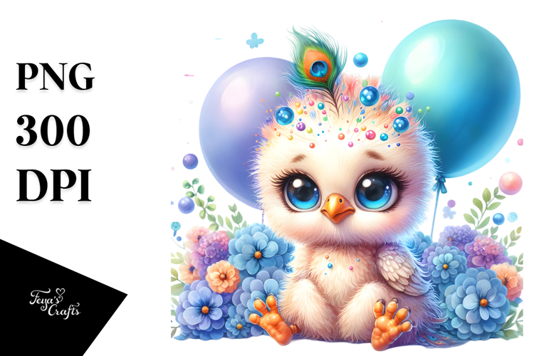 Colorful Baby Peacock Sitting on Balloons | Clipart