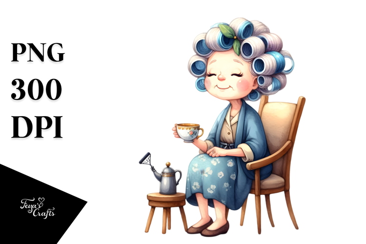 Old Lady Sitting on Chair with Hair Curlers | Sublimation
