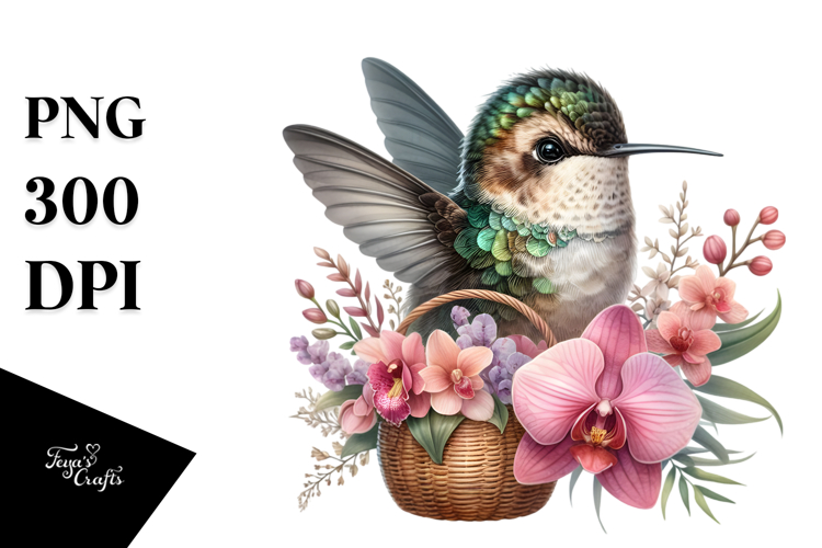 Watercolor Detailed Baby Hummingbird with Orchid Bouquet