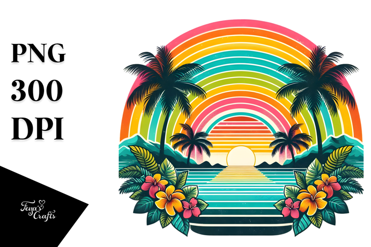 Retro Tropical Rainbow Sunset, Clipart