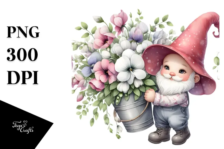 Watercolor Baby Gnome with Sweet Pea Floral Ornament PNG