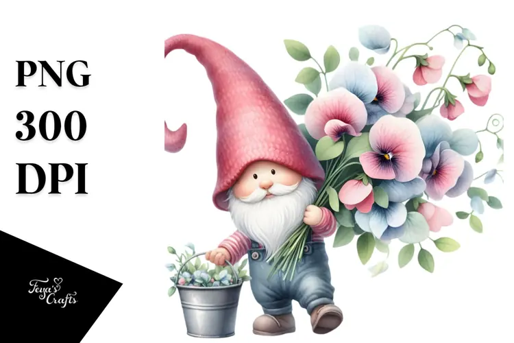 Watercolor Baby Gnome with Sweet Pea Floral Ornament PNG