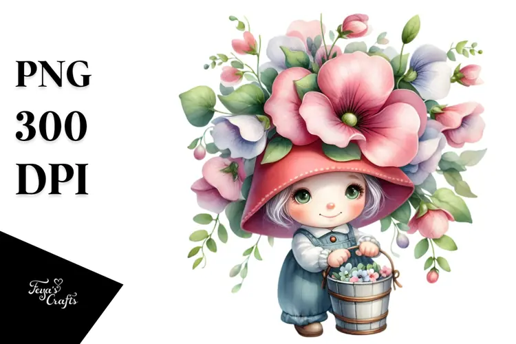 Watercolor Baby Gnome with Sweet Pea Floral Ornament PNG