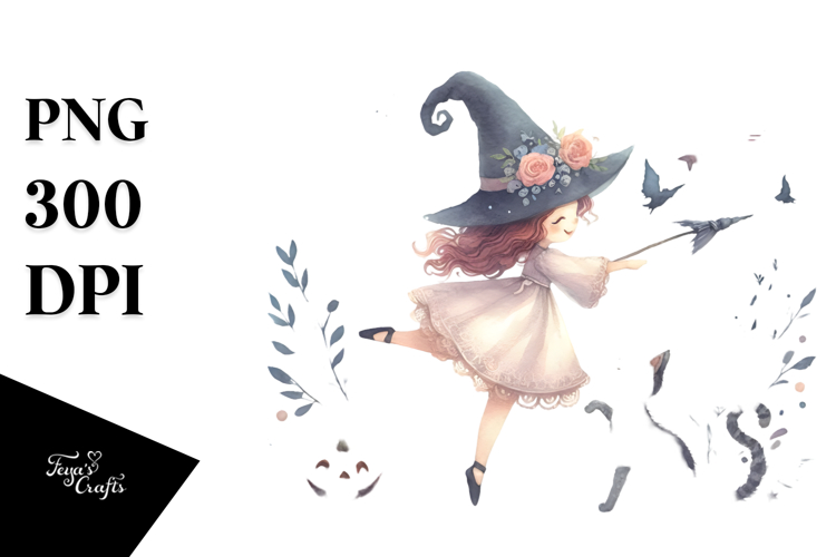 Witch with Cat Watercolor PNG