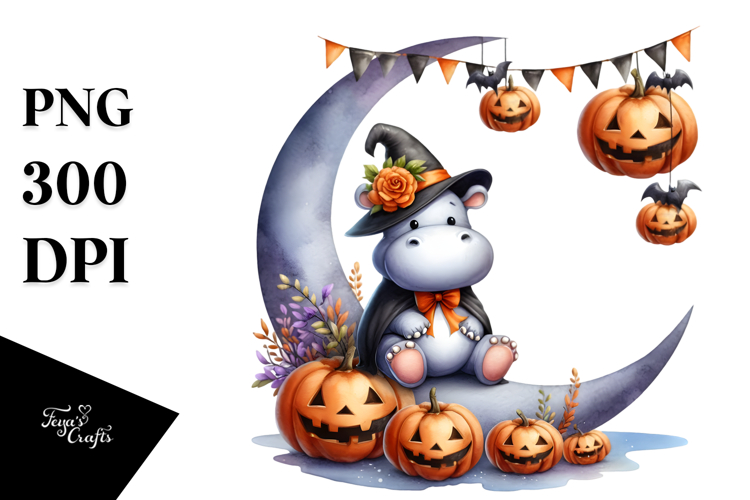 Watercolor Hippo Halloween Moon PNG