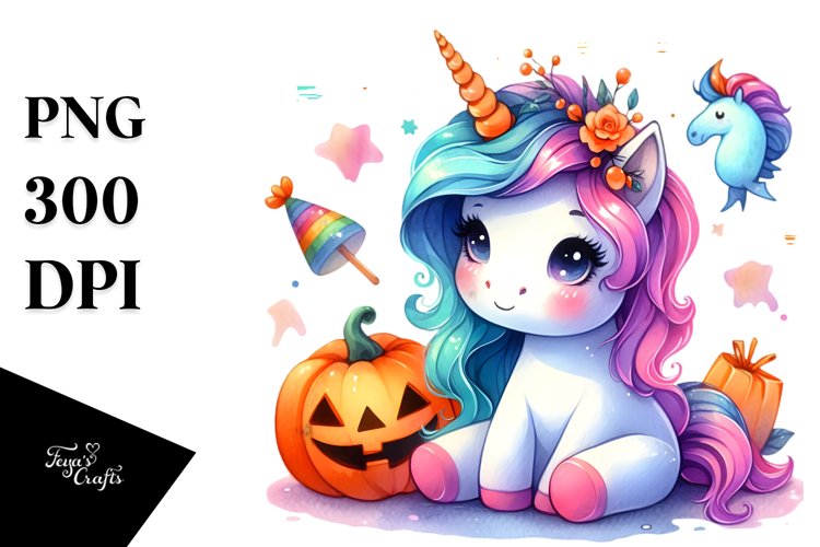 Cute Baby Unicorn and Halloween Scenery | Clipart