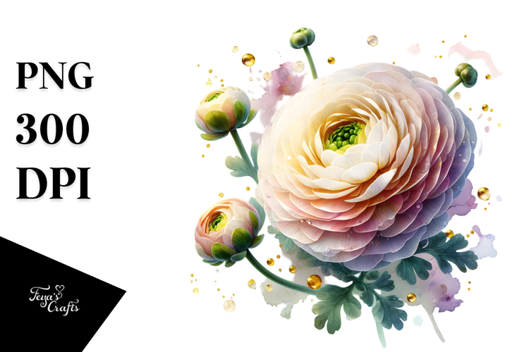 Elegant Ranunculus with Metallic Accents, PNG