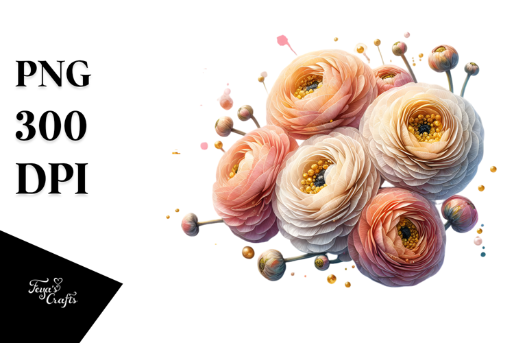 Elegant Ranunculus with Metallic Accents, PNG
